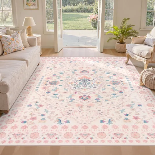 Miniatura 18 de Wonnitar Alfombras rosas para dormitorio, niñas, guardería, alfombra lavable con estampado floral de 5 x 7 pies, bohemio, ultrafina, antideslizante