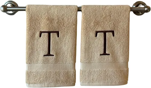 Miniatura 153 de Toalla de mano con inicial beige para baño, toalla bordada decorativa de calidad de hotel de lujo con monograma para tocador, spa, certificado