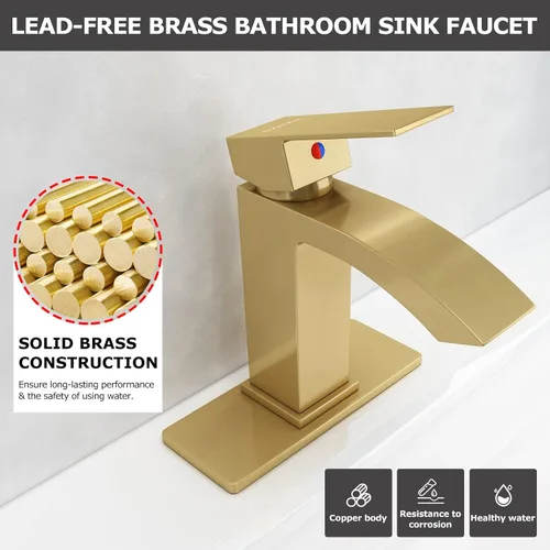 Miniatura 2 de Grifo de baño de cascada de latón con boquilla rectangular extragrande, placa de cubierta, conjunto de drenaje emergente y mangueras de suministro