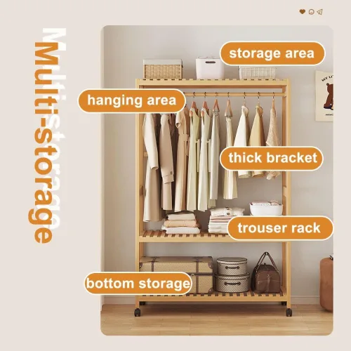 Miniatura 3 de Bamboo Wardrobe/Clothes Rail/Clothes Rack/Garment Rack,Free Standing Clothes Rail with Wheels,Open Wardrobe with Shelves,for Entryway Living Room