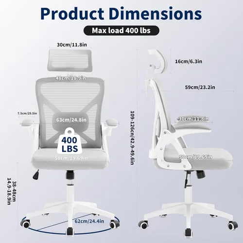 Miniatura 2 de Silla de Oficina, Silla de Escritorio Ergonómica con Soporte Lumbar Ajustable, Silla de Oficina Gris de 400 Libras Silla de Computadora de Malla
