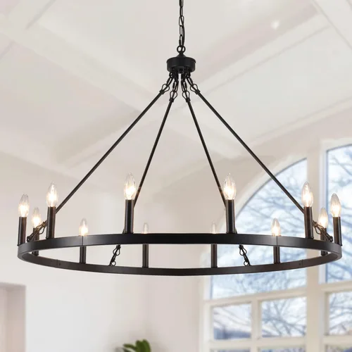 Miniatura 9 de Candelabro Negro de Rueda de Vagón Diámetro 26 pulgadas 8 Luces Candelabros Negros Estilo Granja para Comedor Lámpara Colgante Redonda Rústica