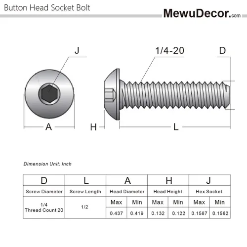 Miniatura 2 de Tornillos de Cabeza de Botón con Casquillo 1/4-20 x 1/2", Acero Inoxidable 18-8 (304), Acabado Brillante, Completamente Roscados, Hexagonal Allen