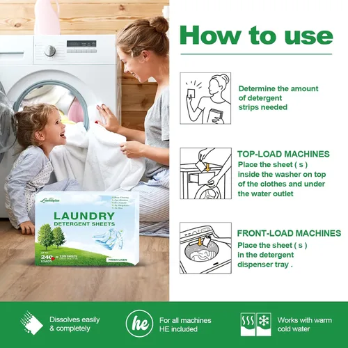 Miniatura 6 de Hoja de detergente para ropa, tiras de lavado ecológicas e hipoalergénicas, ingredientes naturales, ultraconcentrado, listo para viajar, sin jarra