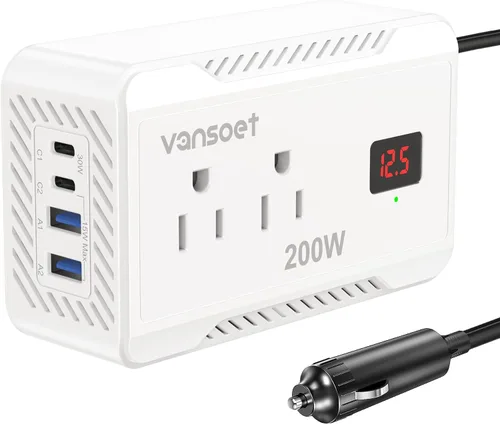 Miniatura 9 de Inversor de corriente de 200W para automóvil, DC 12V a 110V AC, convertidor con [PD 30W y 15W] USB C de carga rápida/3.0A, puertos de carga USB