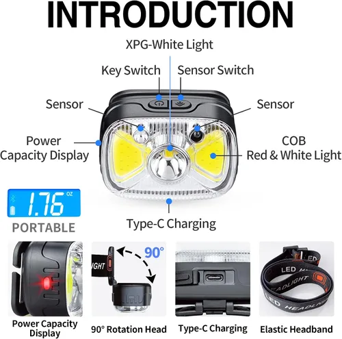Miniatura 4 de Linterna frontal roja recargable tipo C, 1200 lúmenes, 14 modos, lámpara de cabeza de luz blanca ultra brillante con sensor de movimiento, IPX4