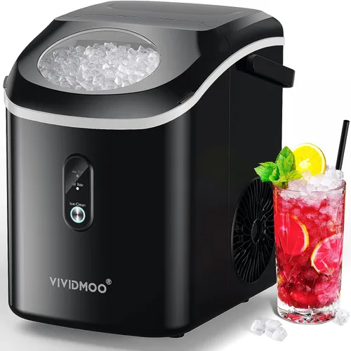 VIVIDMOO Nugget - Máquina de hielo para encimera, 34 libras/día, máquina de hielo portátil de guijarros sónicos con autolimpieza, hielo rápido en 6