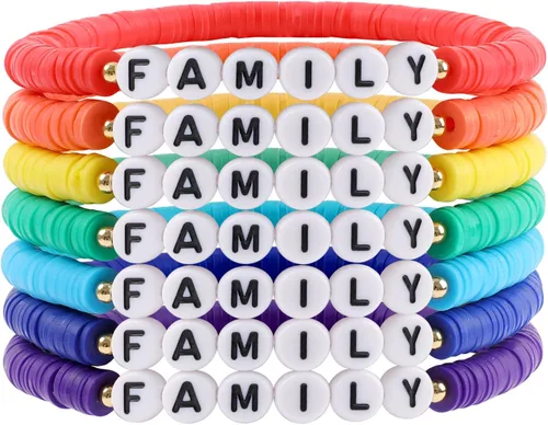 Miniatura 16 de Juego de pulseras heishi arcoíris estilo surfista para mujer, juego de pulseras apilables de cuentas de arcilla, pulseras elásticas con disco