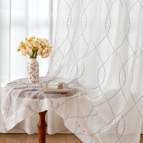 Miniatura 20 de VISIONTEX Cortinas traslúcidas blancas de 63 pulgadas de largo, juego de 2 paneles de bordado marroquí con puntos beige, tela de gasa bordada