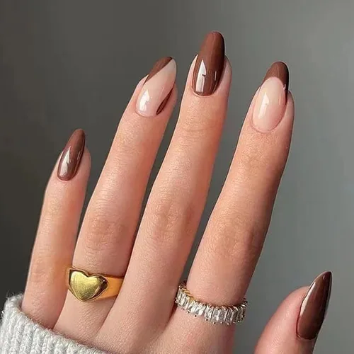 Uñas postizas cortas a presión, uñas postizas de otoño con punta francesa, color marrón, cobertura completa, con diseños de remolinos marrones, uñas
