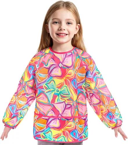 Miniatura 9 de WERNNSAI Bata de arte para niños impermeable con manga larga y 3 bolsillos de pintura Dinosaurio B001