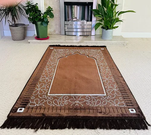 Miniatura 8 de Mihrab - Tapete de oración de terciopelo de lujo con estampado, 26.46 oz, peso Fabricado en Turquía (café)