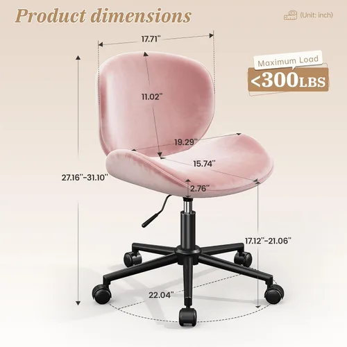 Miniatura 2 de DurayLoly Silla de tocador con ruedas, bonita silla de escritorio sin brazos con respaldo, silla de oficina pequeña giratoria de 360° en altura Rosa