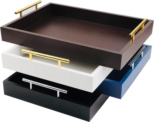 Miniatura 6 de JJSQYLAN Bandeja de madera para servir con asas, bandeja rectangular de desayuno para mesa de café, bandeja otomana decorativa de 16 x 12 pulgadas