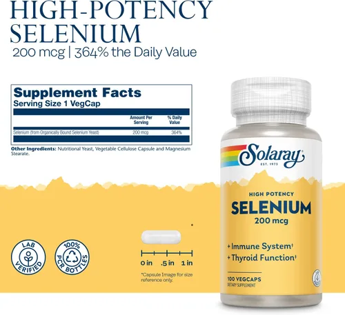 Miniatura 3 de SOLARAY Cápsulas de selenio de 200 mcg, suplemento de selenio rico en antioxidantes para mujeres y hombres, soporte tiroideo de alta potencia