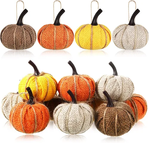 Kajaia 12 piezas de mini adornos colgantes de calabaza de otoño de Acción de Gracias para árbol de 2.05 pulgadas, tela de arpillera, calabaza,