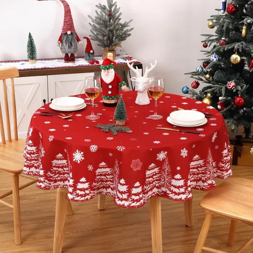 ROYROW - Mantel redondo rojo de Navidad de 60 pulgadas, mantel de Navidad con estampado de copo de nieve y pino, mantel decorativo para interiores y