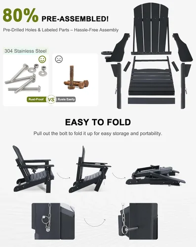 Miniatura 8 de Silla Adirondack plegable con reposapiés, sillas Adirondack de plástico resistentes a la intemperie para exteriores con otomana desmontable, asiento