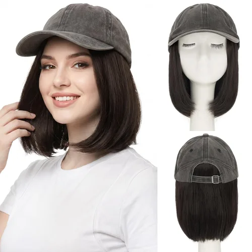 Miniatura 49 de SEGO Gorra de béisbol con extensiones de cabello para mujer, resistente al calor, sintético, 6 pulgadas, ajustable, corta, recta, peluca de repuesto