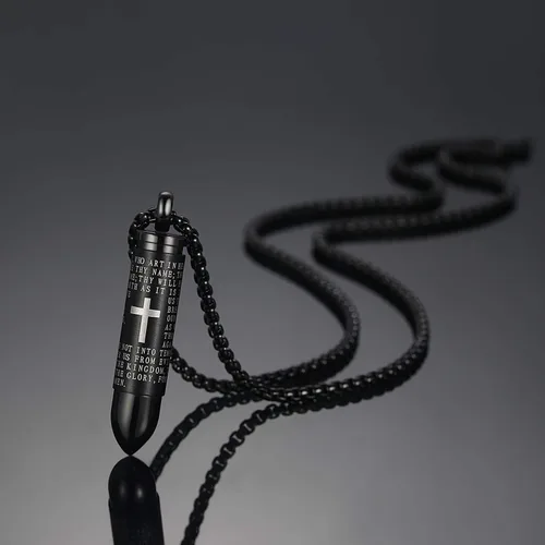 Miniatura 4 de Moniya - Collar con dije de acero inoxidable con forma de bala como urna para cenizas y oración estampada en inglés cadena de 22 pulgadas