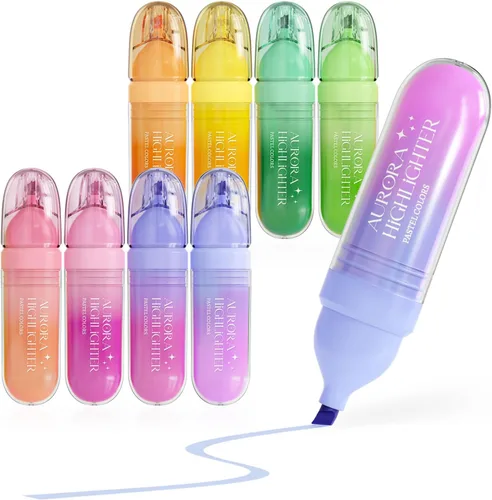 Four Candies Juego de 8 resaltadores de colores surtidos, bonito juego de resaltadores pastel, secado rápido, punta de cincel suave, resaltador que