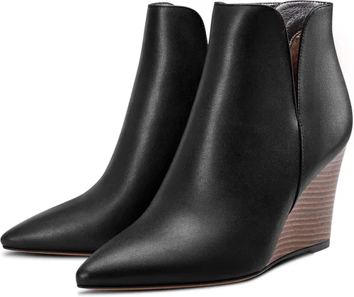 Miniatura 4 de Aachcol Botines de cuña para mujer, botines cortos con punta puntiaguda, tacón alto y grueso, mate, 4 pulgadas