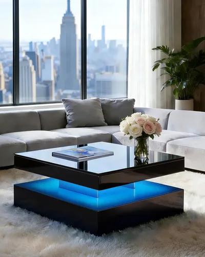 Miniatura 8 de FKWin Mesas de centro negras para sala de estar, mesa de centro LED con luces, moderna mesa de centro negra con superficie de alto brillo, mesa