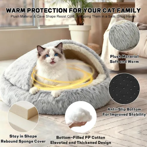 Miniatura 2 de YUDANSI Camas Calmantes para Gatos de Interior - Nido de Cueva con Capucha de Felpa Esponjosa, Antideslizante, Camas para Mascotas Autorregulables