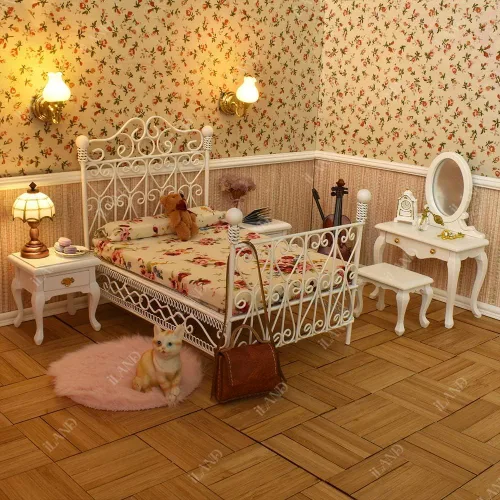 Miniatura 4 de iLAND Muebles de Casa de Muñecas Victorianos a Escala 1:12, Set de Cama de Casa de Muñecas 5 piezas