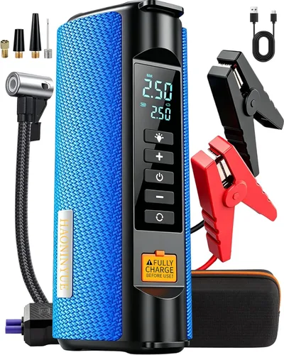 Arrancador de emergencia con compresor de aire, arrancador de batería de coche de 2500A, kit de cables de puente reforzador de coche de 12V,