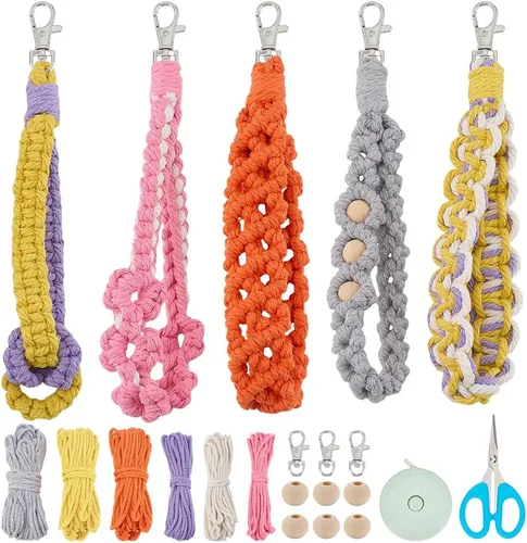 INFUNLY Kit de llavero de macramé 5 en 1, kit de pulseras de macramé de flores bohemias para principiantes, kit de nudo de cordón colorido con