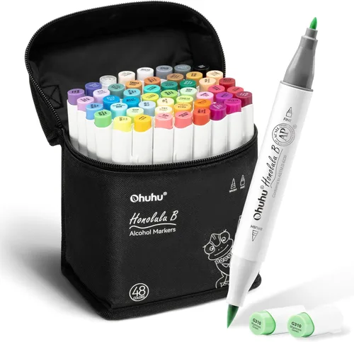 Ohuhu Marcadores de Alcohol con Pincel y Punta Fina - Set de 48 Marcadores de Arte a Base de Alcohol para Artistas, Adultos, Colorear e Ilustración