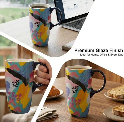 Miniatura 4 de Topadorn Taza de café de cerámica de 17 onzas con tapa, taza abstracta de los años 80, taza de té de porcelana de graffiti colorido, apta