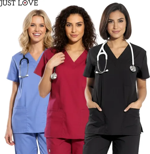 Miniatura 5 de Just Love Juego de uniforme médico para mujer de seis bolsillos con cuello en V y pantalón cargo
