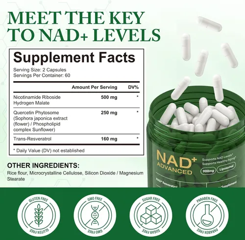 Miniatura 8 de Suplemento NAD, ribósido de nicotinamida NAD, liposoma alternativa NAD extra fuerte, Boost NAD y resveratrol + para mujeres y hombres, energía