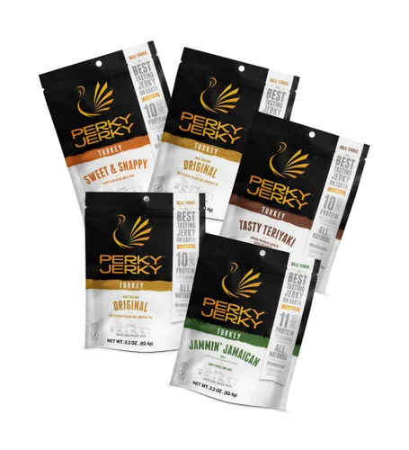 Perky Jerky Variedad de carne seca de pavo, 2.2 onzas (paquete de 5) – Bajo en sodio – 7-10g de proteína por porción – Bajo en grasa – 100% de
