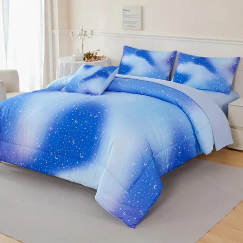 Miniatura 2 de URBONUR Juego de 6 piezas de edredón con brillo degradado para niñas, tamaño completo, ropa de cama de galaxia azul para niños, juego de edredón