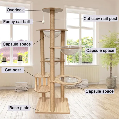 Miniatura 2 de Árbol para gatos de 183 cm para gatos de interior, grande para adultos, con 4 cuencos, 12 postes de rascar de sisal, 1 jaula para gatos, posadero