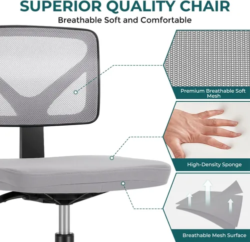 Miniatura 5 de DUMOS Sillas de oficina pequeñas con ruedas, ergonómicas ajustables para escritorio doméstico, silla giratoria rodante de trabajo sin brazos, Gris