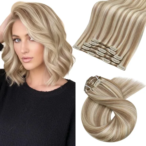 Miniatura 17 de Moresoo Extensiones de cabello humano Remy con clip, color rubio platino, extensiones de cabello humano real de doble trama, color rubio #60, 18