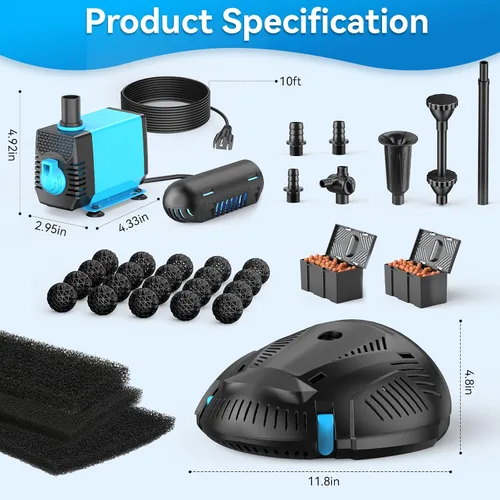 Miniatura 7 de POPOSOAP Filtro de estanque con kit de fuente de bomba, clarificador UV integrado, filtros de estanque de 660 GPH/40 W para limpieza de estanques al