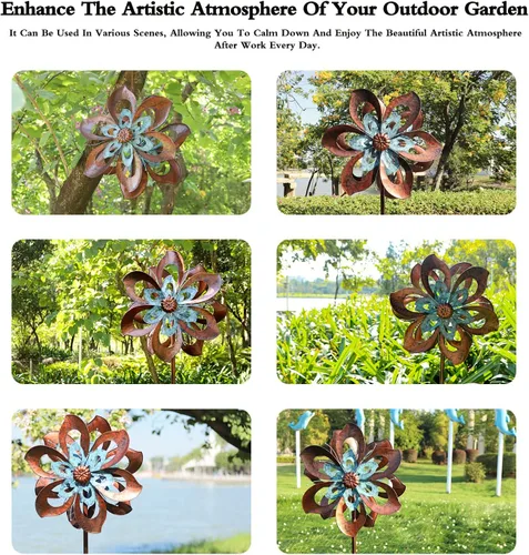 Miniatura 9 de Pure Echo Molino de viento de jardín, molino de viento cinético de flores, escultura de viento de metal para exteriores, grande, 23 pulgadas