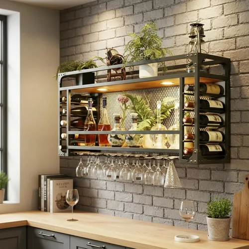 Miniatura 3 de Estantes de vino de pared de 31.4 pulgadas, estante de vino colgante, soporte de vino de gran capacidad, se puede colgar o montar en la pared, tipo