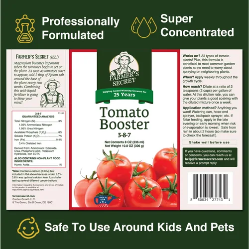 Miniatura 2 de Fertilizante Potenciador de Tomate Farmer's Secret (8 oz) - Súper Concentrado - Proporción 3:8:7 Fortificado con Ácido Húmico, Hierro y Calcio