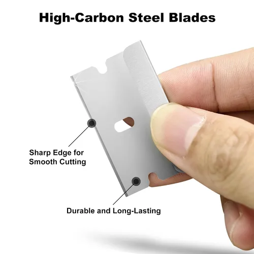 Miniatura 3 de Paquete de 100 cuchillas de afeitar de un solo borde con dispensador, cuchillas raspadoras de acero al carbono, cada hoja mide 1.5 x 0.75 pulgadas