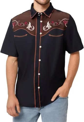 Camisas occidentales para hombre, de manga corta, retro, holgadas, bordados, de vaquero, para verano, casual, con botones