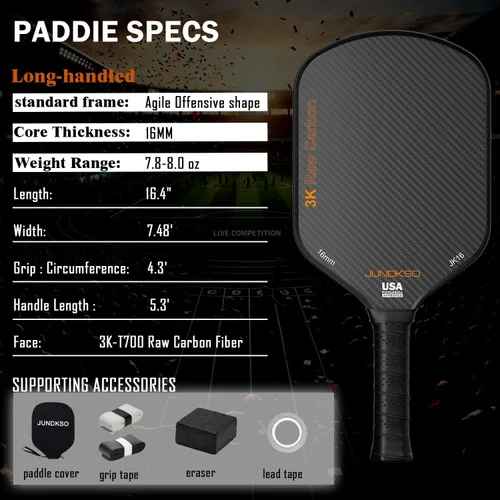 Miniatura 5 de Paletas profesionales de pickleball - T700 Raqueta de pepinillo de fibra de carbono - Superficie esmerilada de carbono crudo 3K para mejorar el giro
