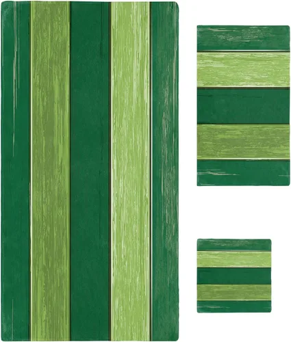 Juego de toallas de baño de 3 piezas, color verde azulado degradado, toalla suave y absorbente de madera turquesa a rayas para baño, hotel (1 toalla