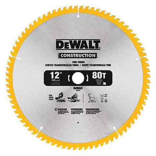 DEWALT Hoja de sierra ingletadora de 12 pulgadas, ATB, corte delgado, corte transversal, eje de 1 pulgada, 80 dientes (DW3128), amarillo
