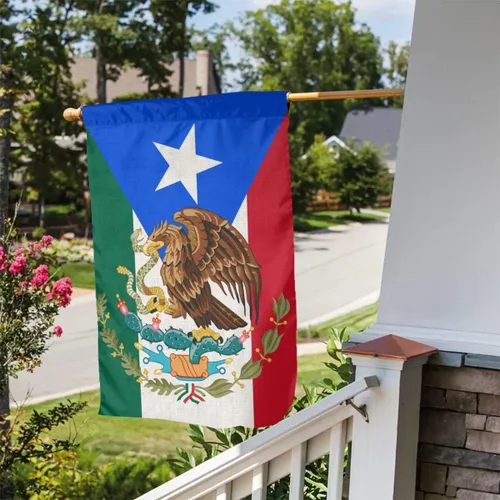 Miniatura 3 de Bandera mexicana de mitad de México, mitad de Puerto Rico, lino mexicano puertorriqueño, tela de arpillera, tela de lino, bandera de jardín, Blanco7